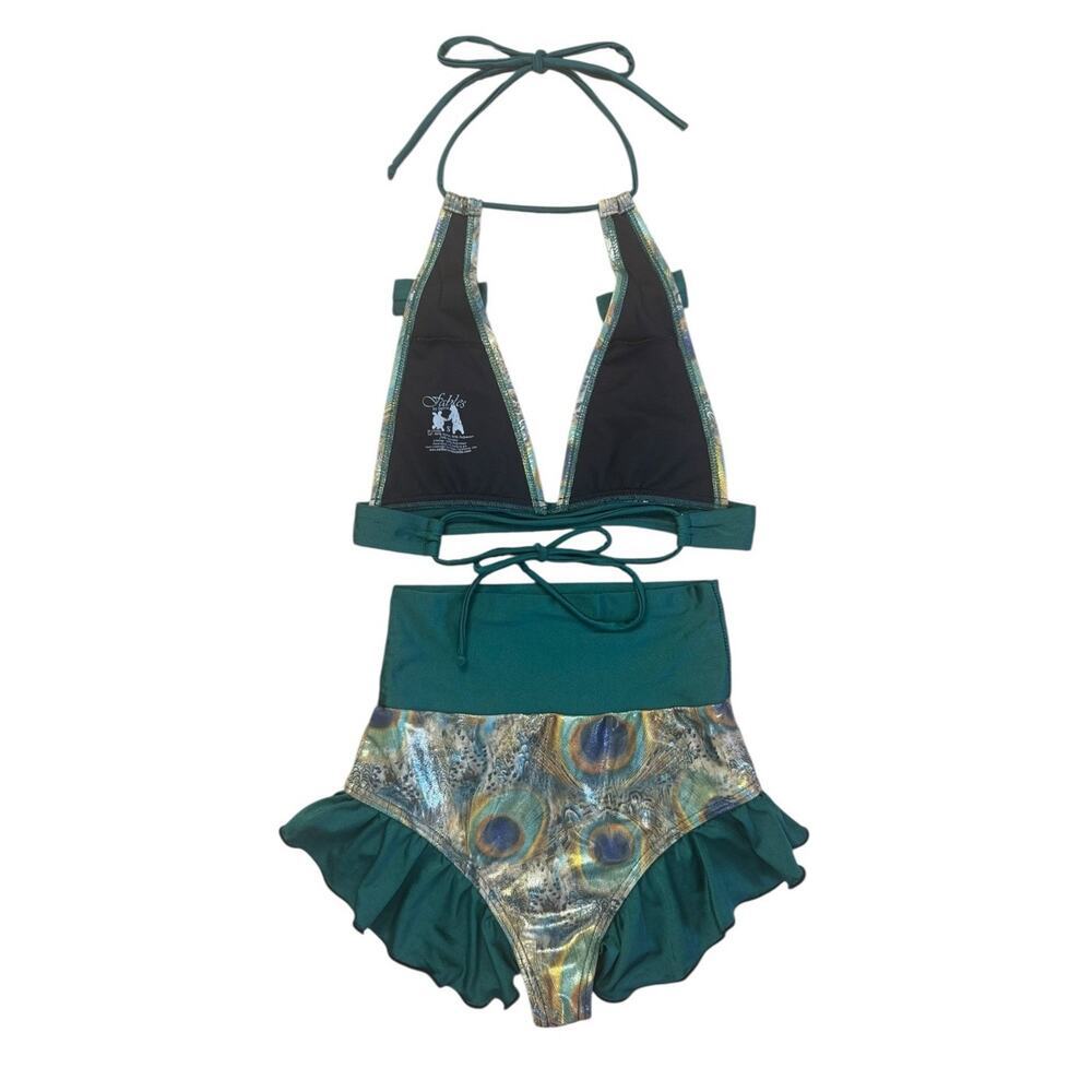 FABLES By BARRIE Custom Metallic Peacock Ruffled Festival Rave Party Bikini Sz S - Picture 3 of 9